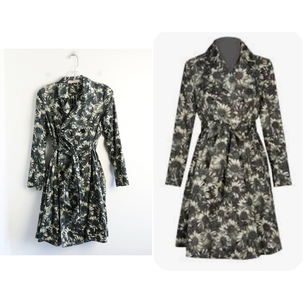 Red Valentino wrap dress light coat belted grey sunflowers buttoned feminine S